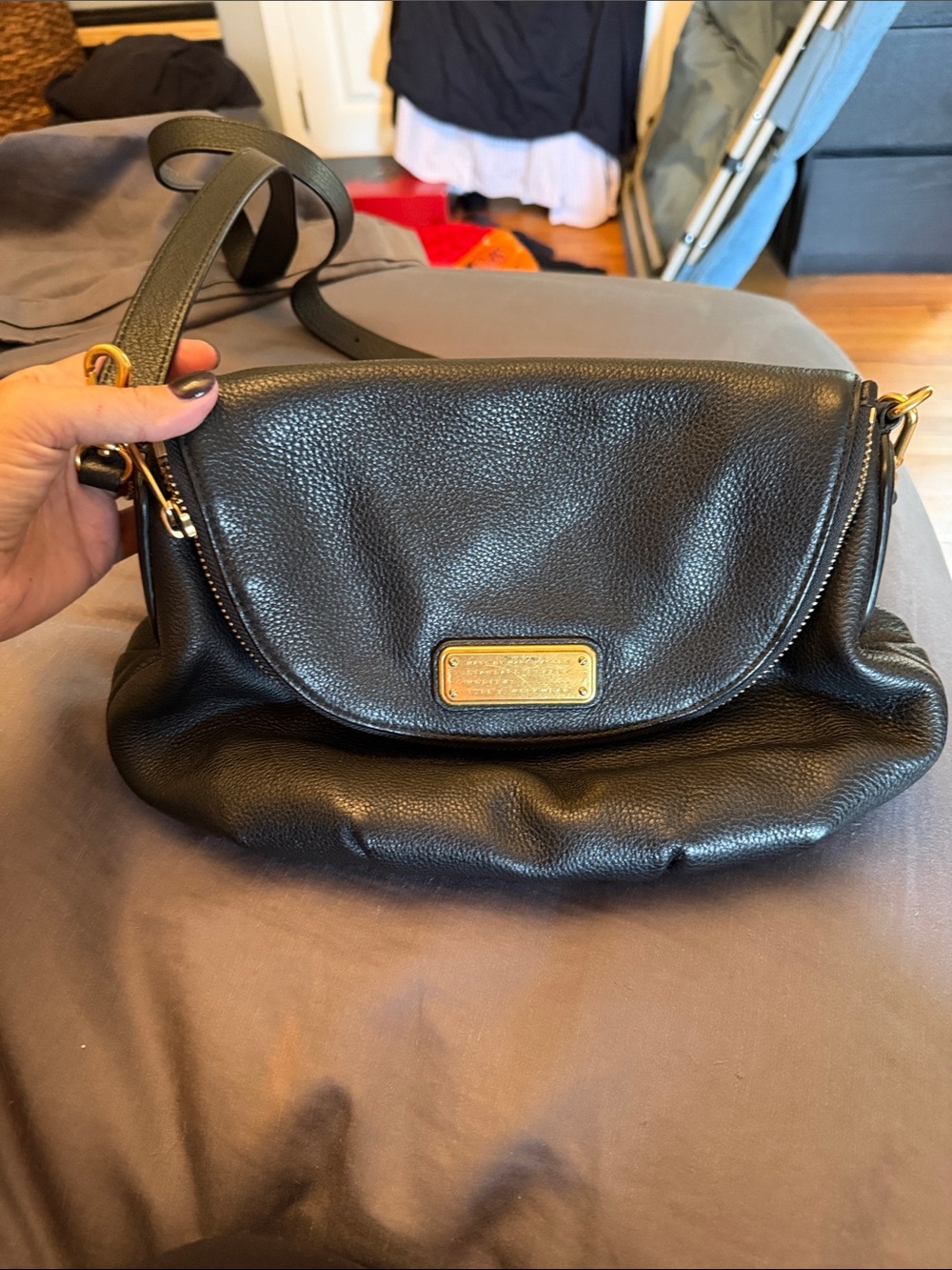 Marc Jacobs Black Pebbled Leather Shoulder Bag with Gold Hardware